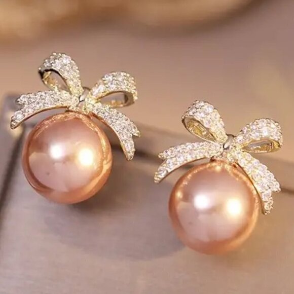 New Trendy Autumn & Winter Light Luxury Bow Pearl Diamonds 💎 Stud Post Earrings - Picture 1 of 8